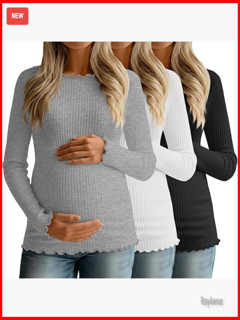 3 Pack Maternity Ribbed Long Sleeve Tees Boat Neck Tops Knit Shirts